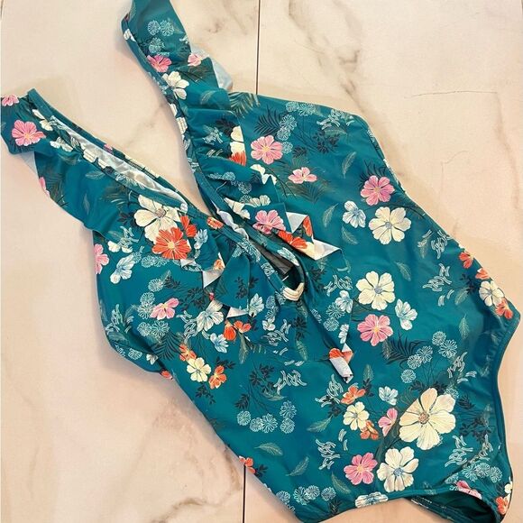 New O’Neill Lucy Teal Floral Print One-Piece Swimsuit - Picture 3 of 7